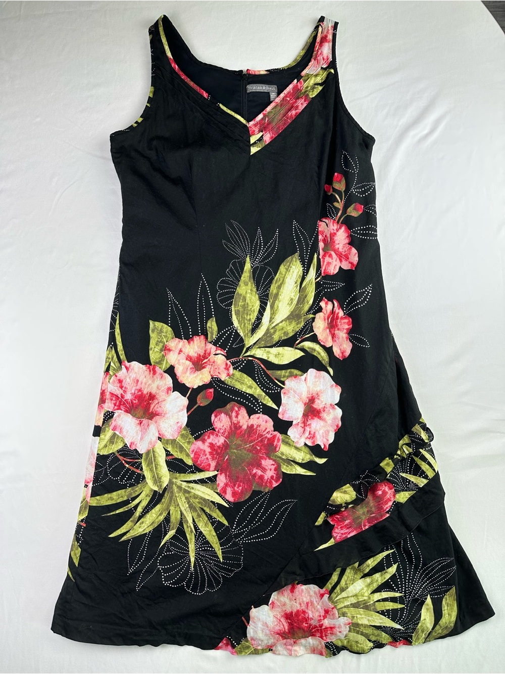 Tristan & Iseut Vintage 90s Y2K Black Floral Slip Dress Ruffle Hem Sleeveless